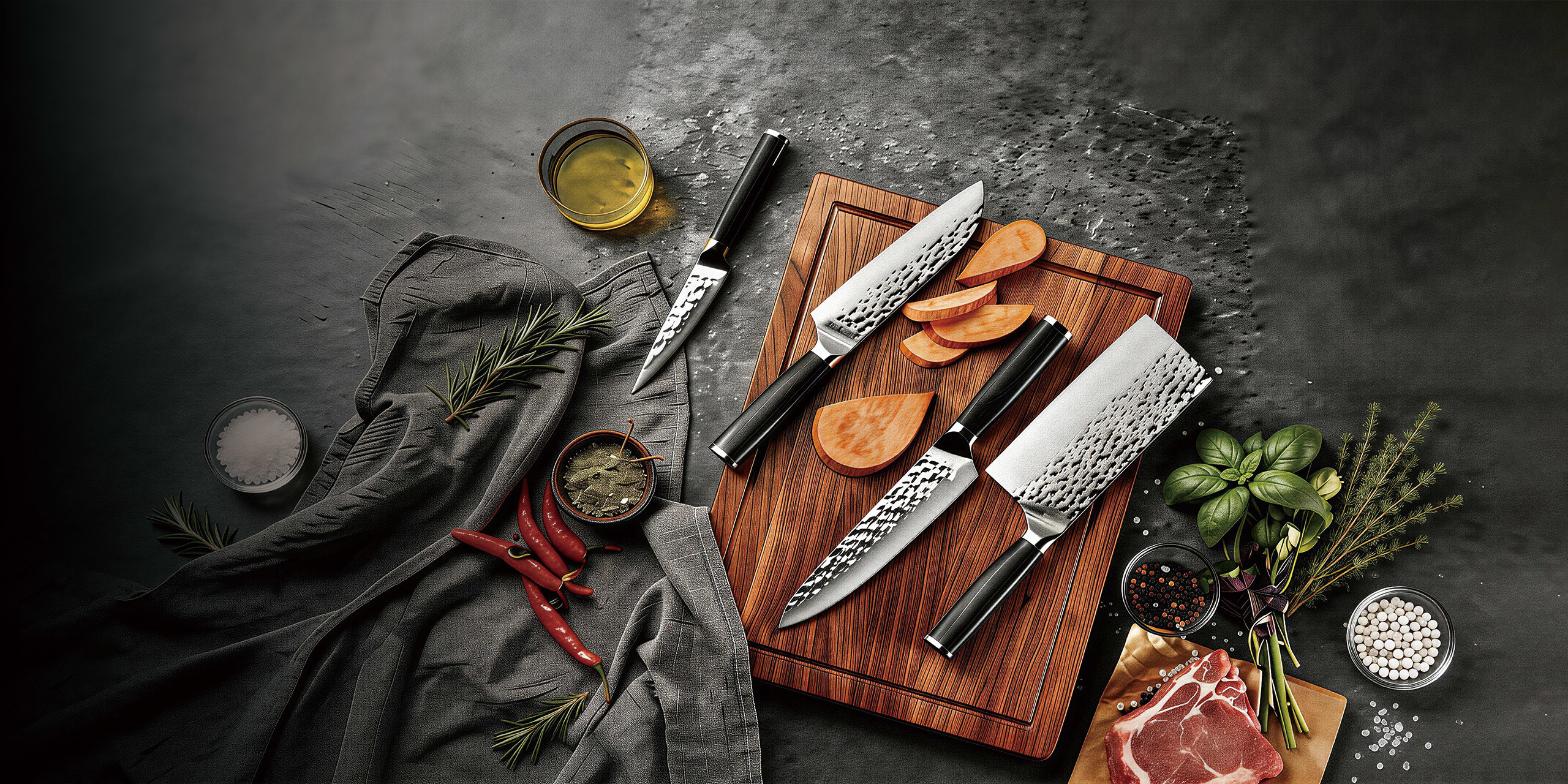 Kitchen knives displayed on a cutting board
